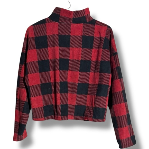 Hippie Rose Red/Black Flannel Checkered Quarter Zip Long Sleeve Cropped Fleece - Picture 14 of 15